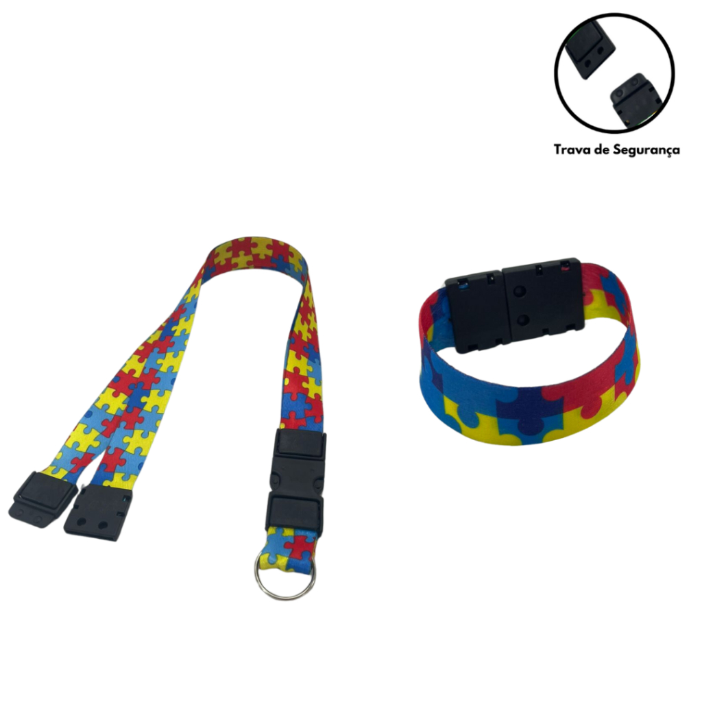 Kit Cordão Fecho Engate Rápido Autismo Autista Quebra-Cabeça + Pulseira com Trava de Segurança