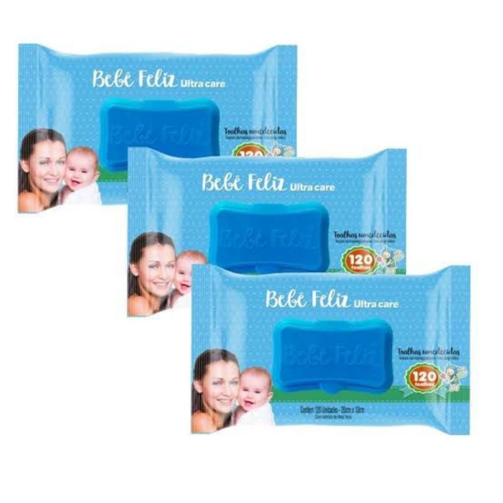 kit c/ 3 Pacotes de Lenços/Toalhas Umedecidos Bebê Feliz Ultra Care - Com Tampinha 120 Unidades cada
