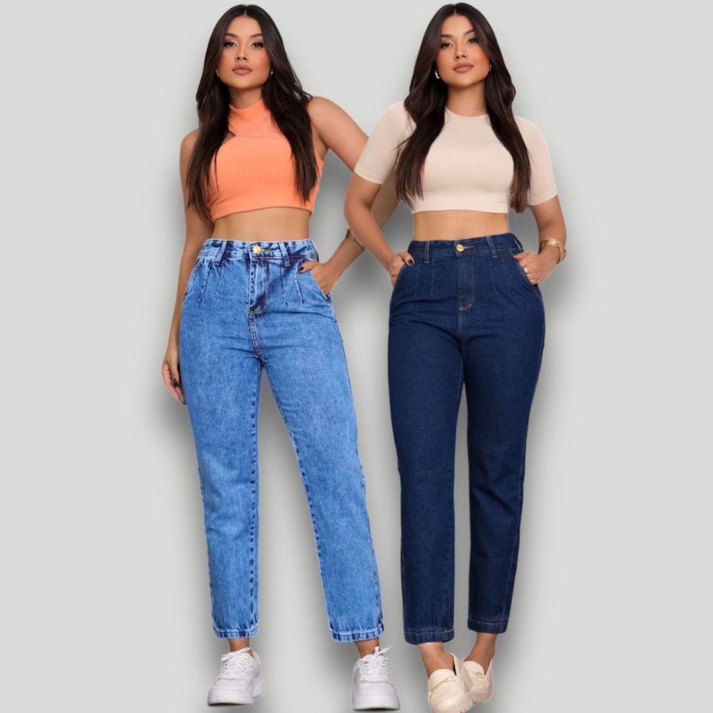 Kit 2 Calças Jeans Feminina Mom Com Pinça Cintura Alta 100% Algodao
