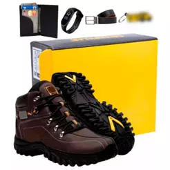 Bota Caterpillar Masculina Couro Resistente Adventure Com Solado Impermeável Barato + Cinto Carteira Relogio e Chaveiro