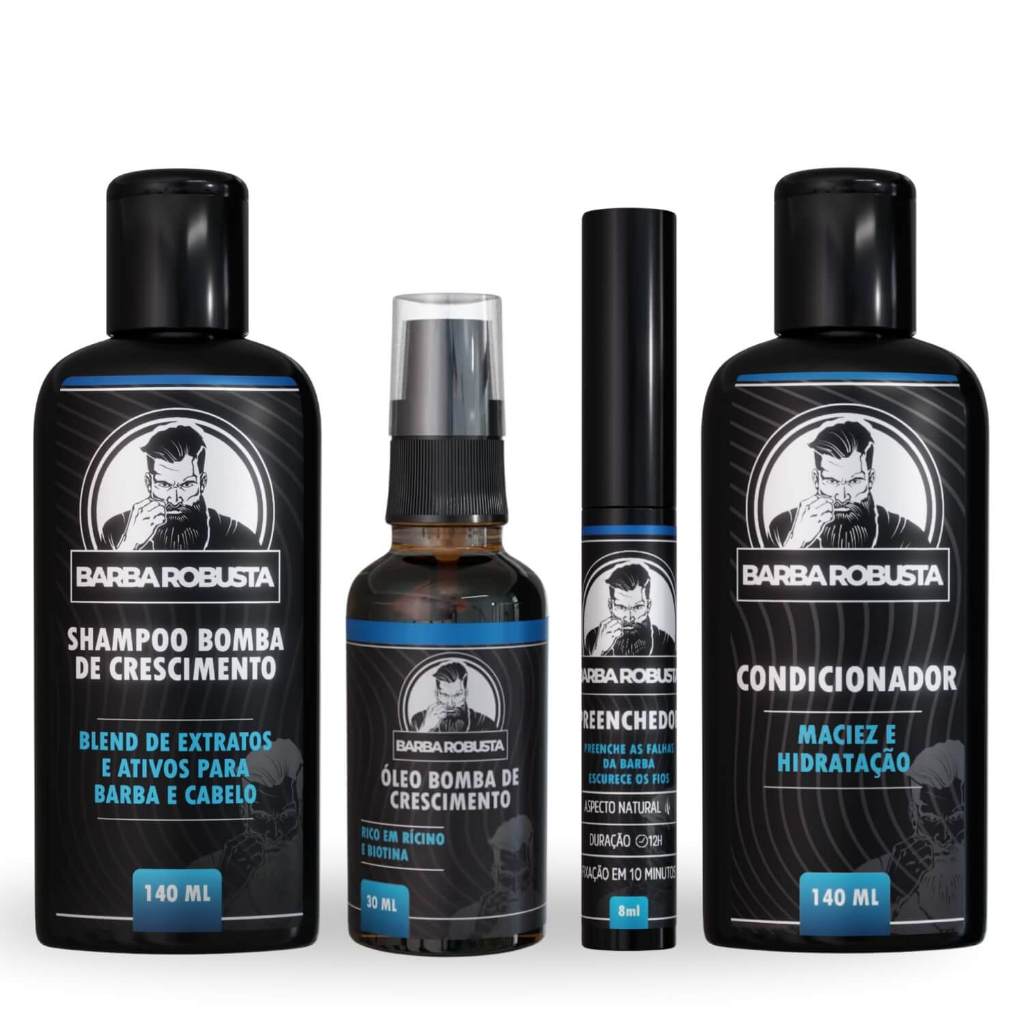 Kit Para Barba - Shampoo + Condicionador + Óleo + Preenchedor e Escurecedor de Falhas Barba Robusta