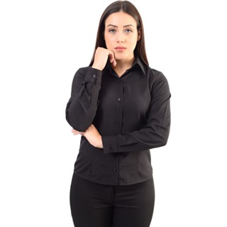 Camisete manga longa preta blusa social feminina camisa com gola e punho firmes direto do fabricante em Oferta na Shopee