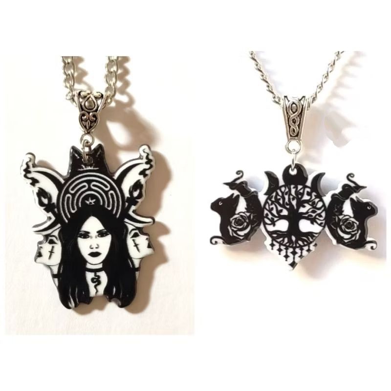 Colar Wicca Triluna/lua tríplice/pentagrama com pedra natural e gato preto