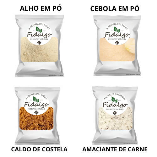 Kit CARNES Alho em Pó 500g Cebola em Pó 500g Caldo de Costela 500g Amaciante de Carne 500g