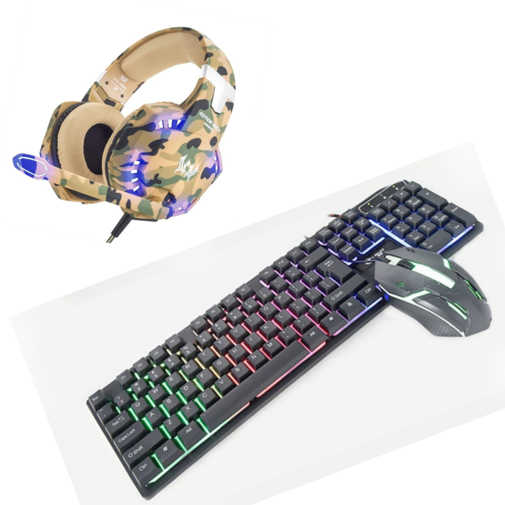 Kit Gamer Headset fone gamer camuflado e Teclado Semi Mecânico e Mouse Óptico Gamer com Led