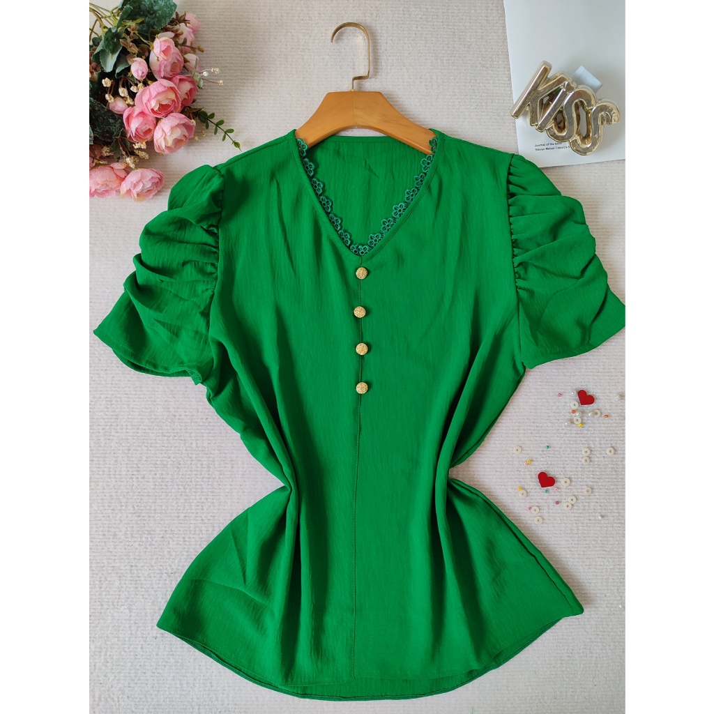 YW&X MODA blusa feminina com renda e botao manga curta tecido duna