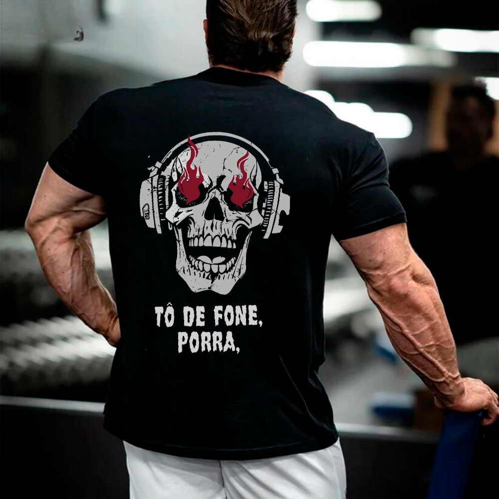 Camiseta Oversized Confortavel Treino To De Fone Caveira Academia Maromba Premium Streetwear