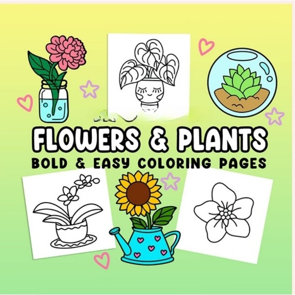 Kit 40 Desenhos Para Pintar E Colorir Ilustrações do livro Flowers and Plants! - Folha A4 Inteira! 1 Por Folha!