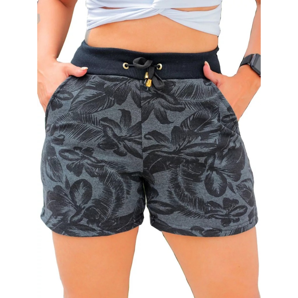Shorts Feminino Moletom Estampado Natureza Flor Com Bolso