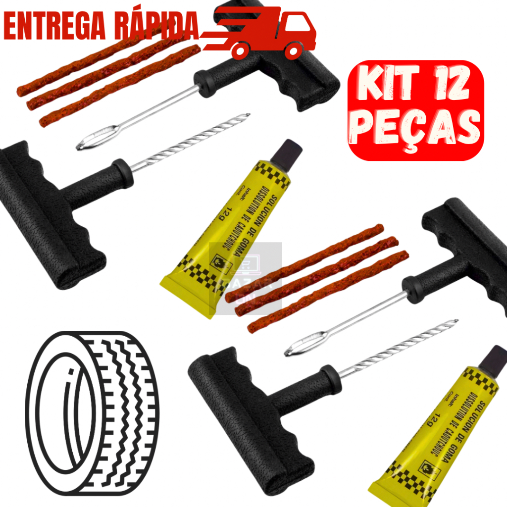 Kit 12 Peças Ferramenta Reparo Remendo Macarrão Cola Pneu Carro Moto