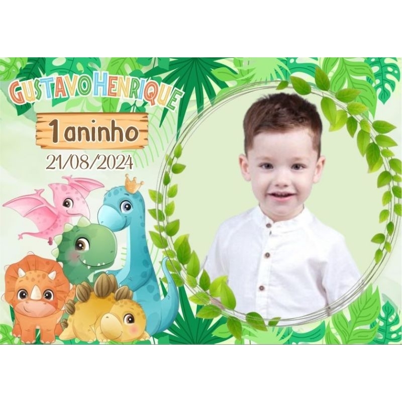 Lembrancinha barata Dinossauro baby personalizada - ímã de geladeira com foto, nome e idade para Festa de Aniversário
