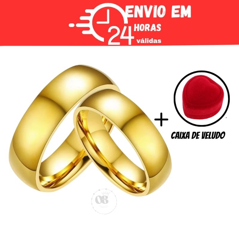 Par de aliança dourada ouro 6mm com caixinha de joias em veludo anel casamento alianca anatômica lisa brilho intenso