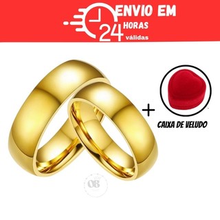 Par de aliança dourada ouro 6mm com caixinha de joias em veludo anel casamento alianca anatômica lisa brilho intenso