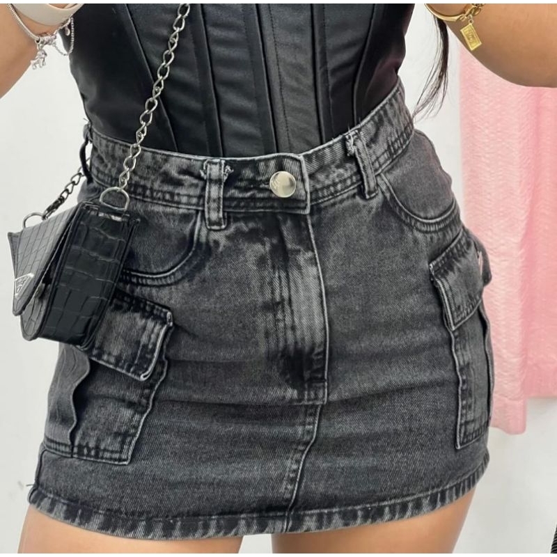 Saia Cargo Jeans Cintura Alta Empina Bumbum bolso lateral com Lycra em Oferta na Shopee
