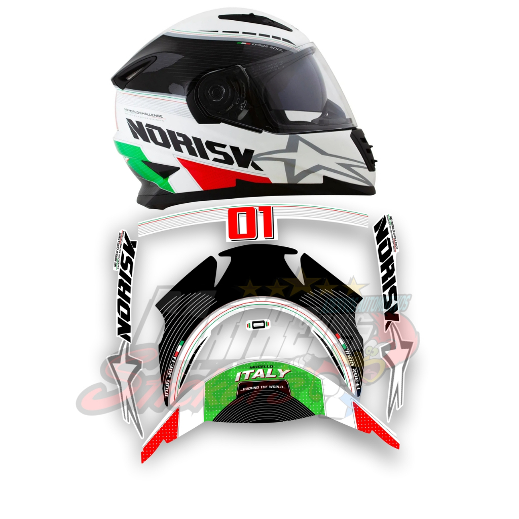 Kit Adesivos Emblemas Capacete Norisk Ff302 Grand Prix Italy Laminado Não Desbota