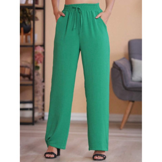Calça Pantalona Alfaiataria Feminina Com Bolso Cintura Alta tecido leve moda verão tecido Duna em Oferta na Shopee