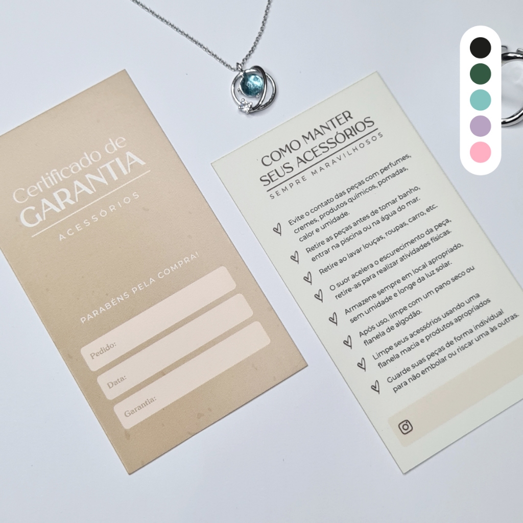 Certificado de garantia e cuidados acessórios e semijoias 9x5 em Oferta na Shopee