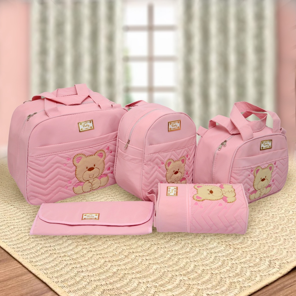 Kit Bolsa Mala Maternidade Feminino 5 Peças Rosa Urso Bebê Melhor Preço