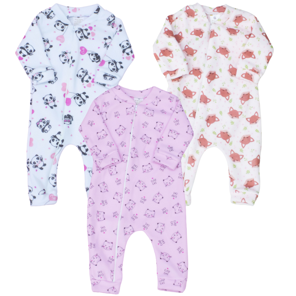 kit 3 Macacão Bebe Zíper Soft Sortido 03 Peças Menina Menino Quente Inverno Roupas de Bebê Pijama em Oferta na Shopee