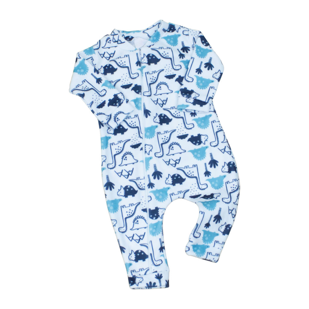 Macacão de Zíper para Bebe Menino Estampa Dino Azul Quentinho Inverno Pijama Roupas de Bebê Macacao