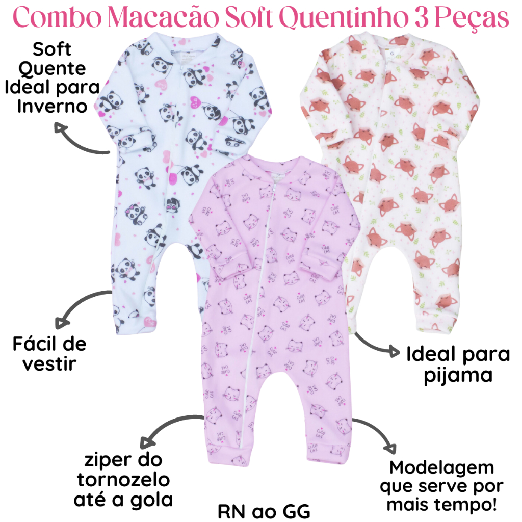 kit 3 Macacão Bebe Zíper Soft Sortido 03 Peças Menina Menino Quente Inverno Roupas de Bebê Pijama