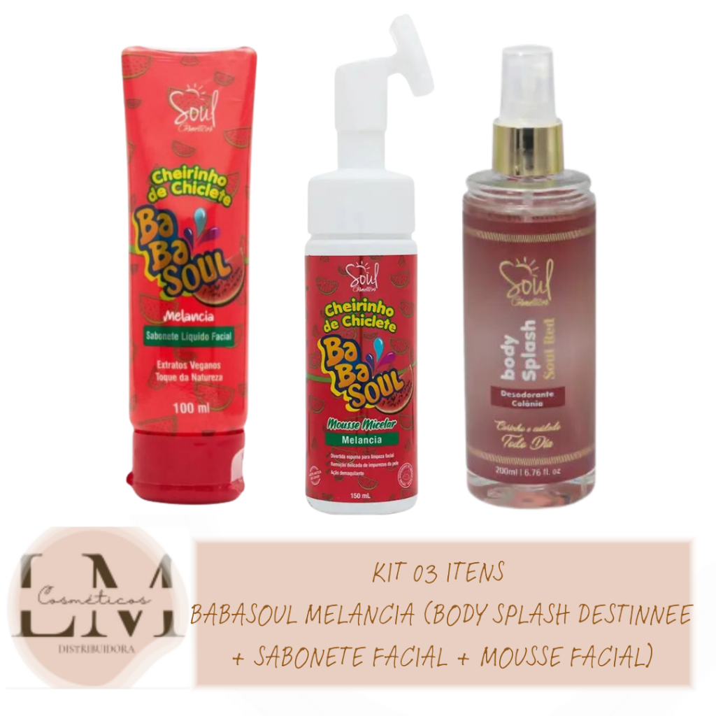 Kit 03 itens BABASOUL Melancia (Body Splash Destinnee + Sabonete facial + Mousse facial)