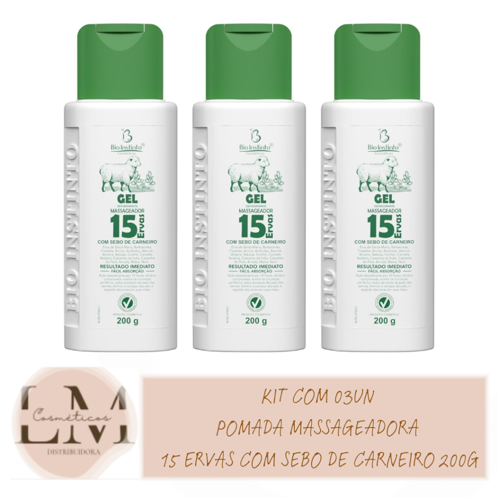 Kit com 03un Pomada Massageadora 15 Ervas Com Sebo De Carneiro Bio Instinto 200g