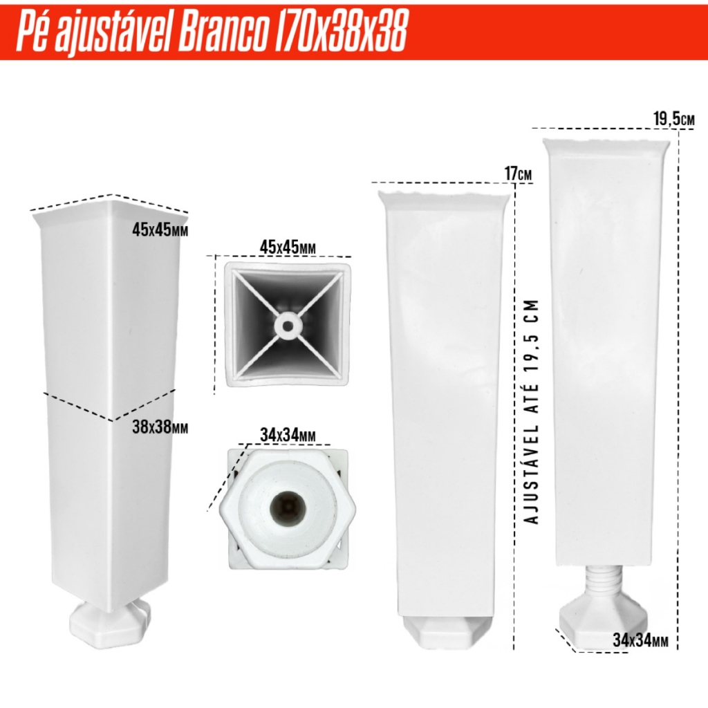Pé para Moveis Pezinho de Cozinha Ajustavel Retangular Branco Resistente Kit Com 2/4/6/10/20