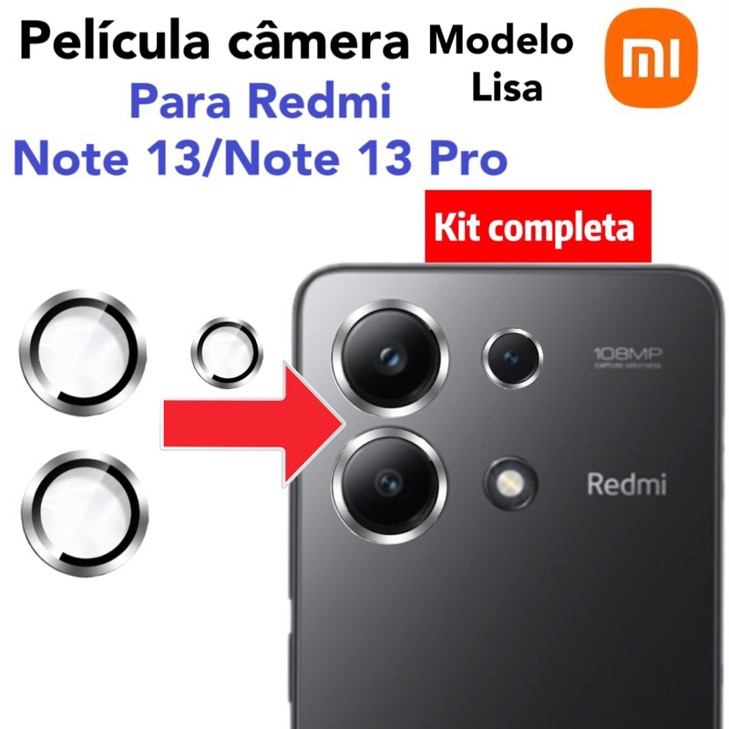 Kit Completa (3 peças)Películas De Câmera vidro temperado Para Xiaomi Redmi Note 13 /Note 13 Pro 4G 5G Anel De Metal em Oferta na Shopee
