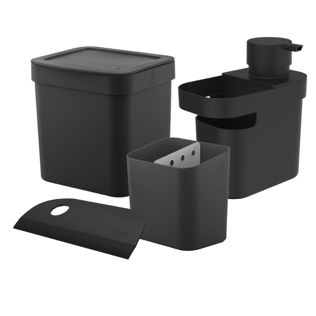 Kit Lixeira De Pia Cozinha Dispenser Organizador 650Ml Rodo Pia Escorredor Talheres 4 Peças