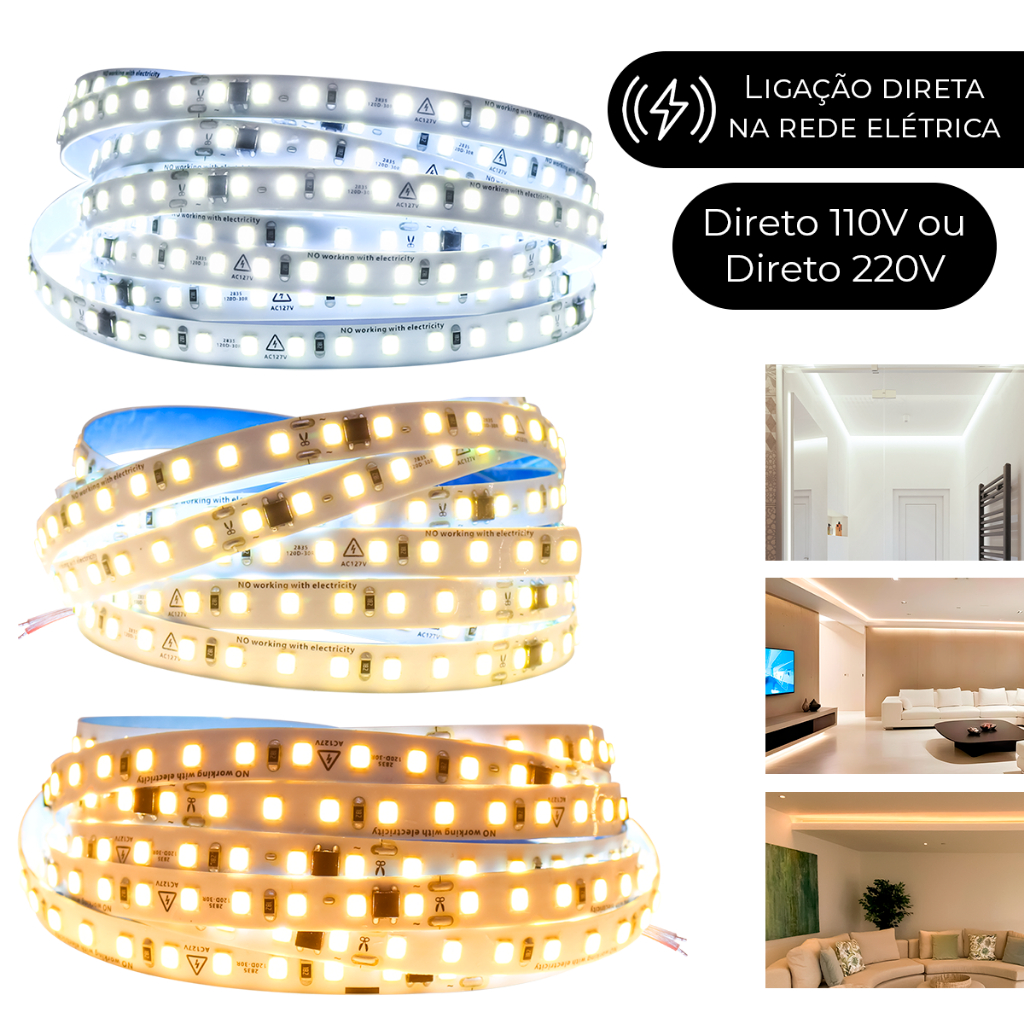 Fita Direta Led 110v/220v 120leds/m Rolo 10m Não Usa Fonte Bivolt