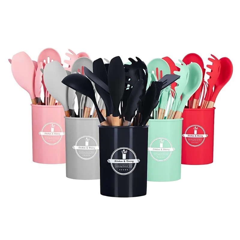 Jogo de Cozinha Kit C/12 Peças de Silicone, Utensílios e Copo Suporte para Cozinha Cabo de Madeira
