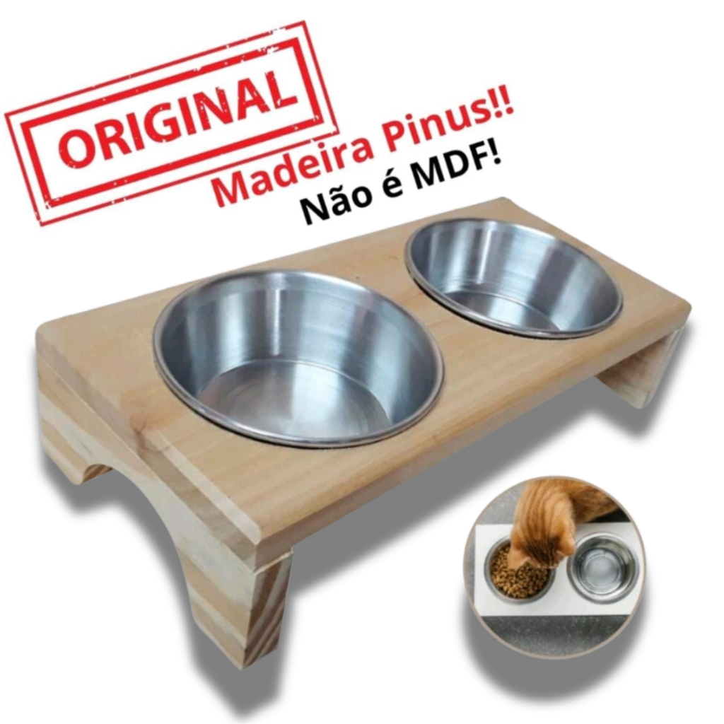 Comedouro e Bebedouro Madeira Pinus e Aluminio pra Cachorro ou Gato