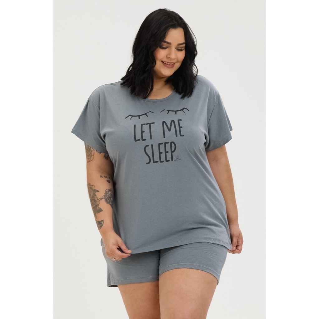Conjunto Pijama Verão Feminino Extra Plus Size Curve Curve+ de Algodão Let Me Sleep Chumbo