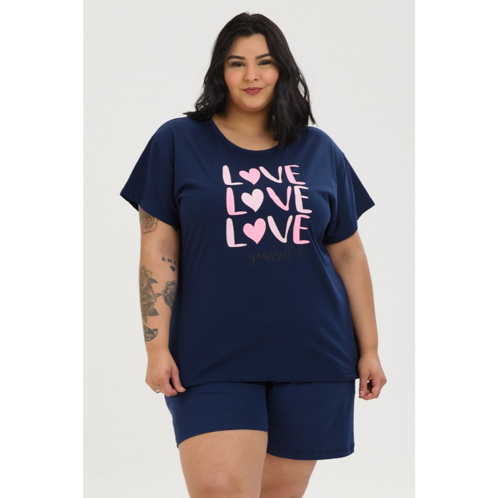 Conjunto Pijama Verão Feminino Extra Plus Size Curve Curve+ De Algodão Love Envio Imediato