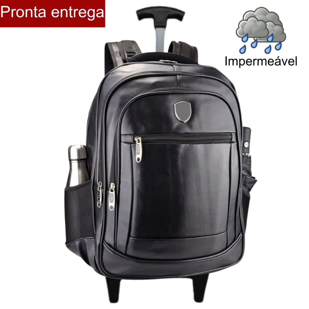 Mochila de Rodinha Carrinho Couro Reforçada Executiva Feminina Masculina Escolar Prática