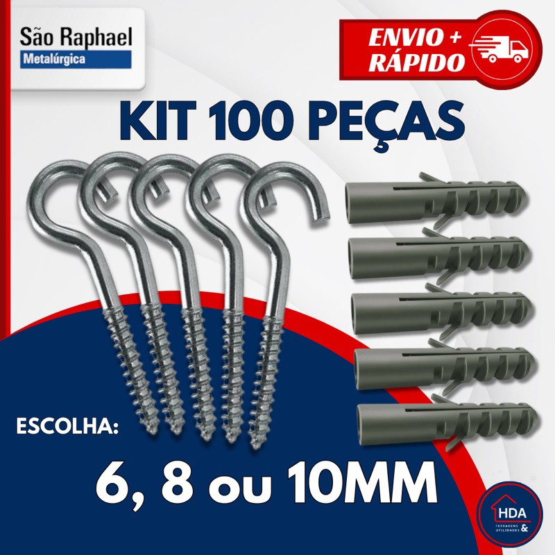 Kit de Gancho e Bucha para Fixação de 6, 8 ou 10 mm - 100 ou 50 peças - São Raphael em Oferta na Shopee