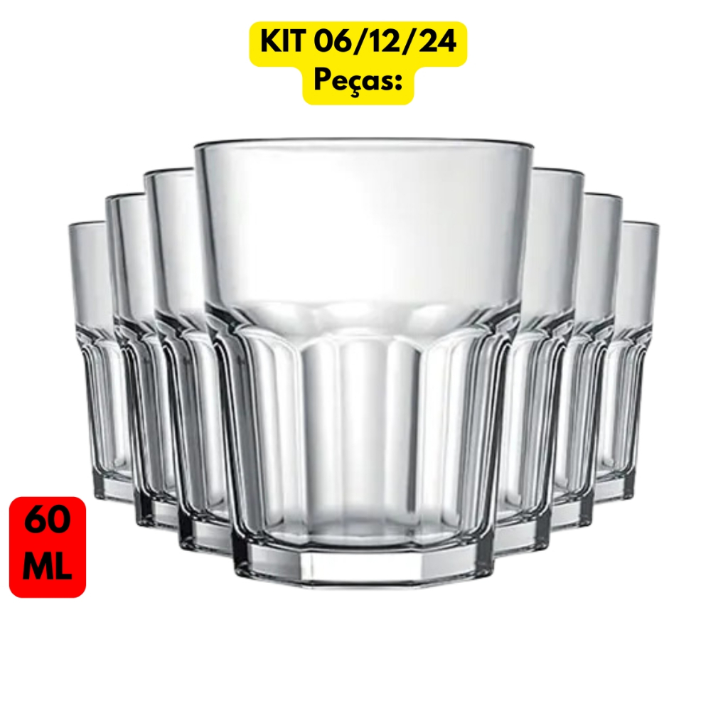 Jogo Kit 06/12/24 Copos Vidro Pequeno Shot Bristol 60ML Transparente Bebida Cachaça Tequila Campari
