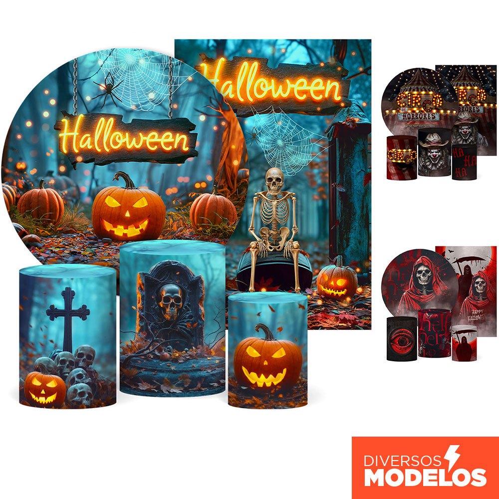 Kit 5 peças Halloween Capa Painel + Capa Retangular + Trio Cilindros Tecido para Festa
