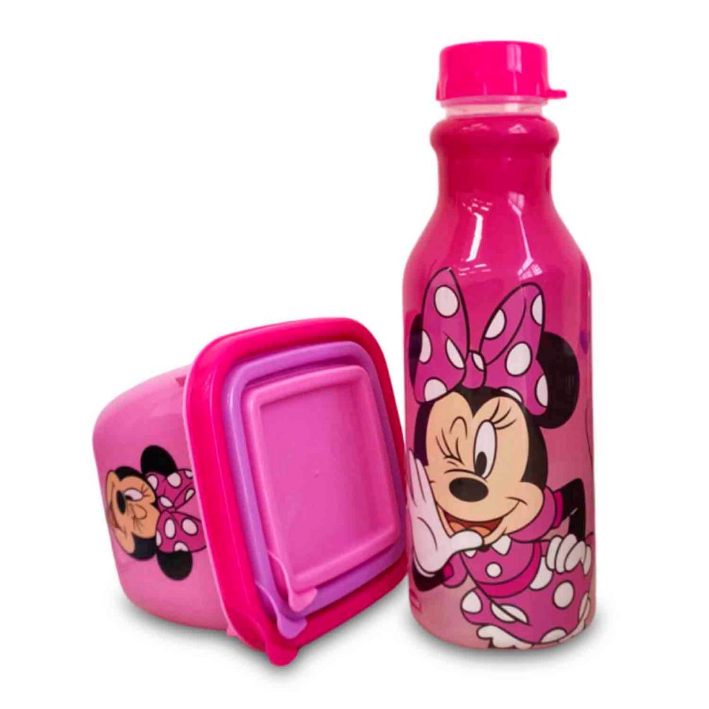 Kit 3 Potes Conect Minnie E Garrafa de Água Infantil 500ML Rosa Garrafinha Escolar Plasútil