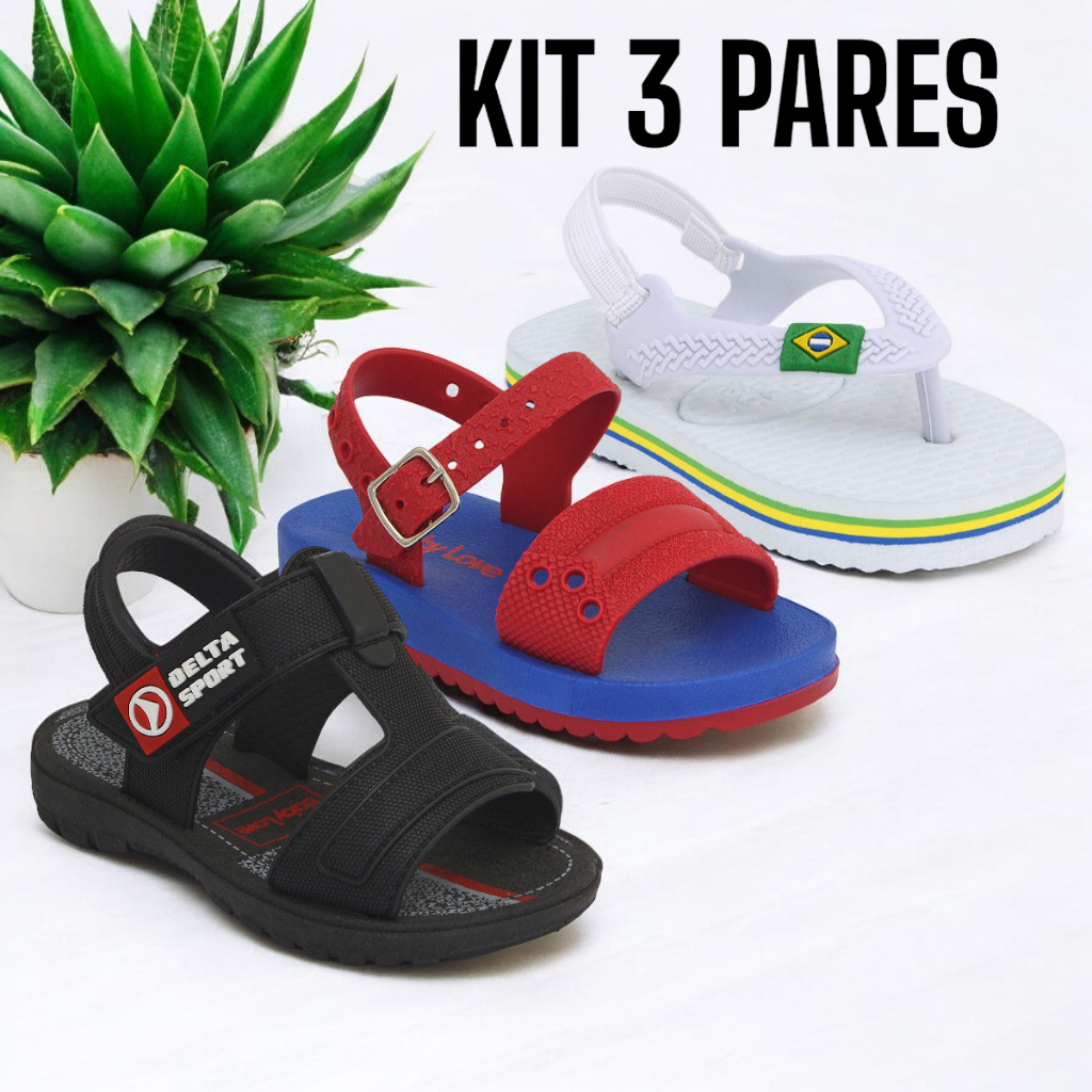 Kit 3 Pares Sandálias Menino Infantil Chinelo Bebê