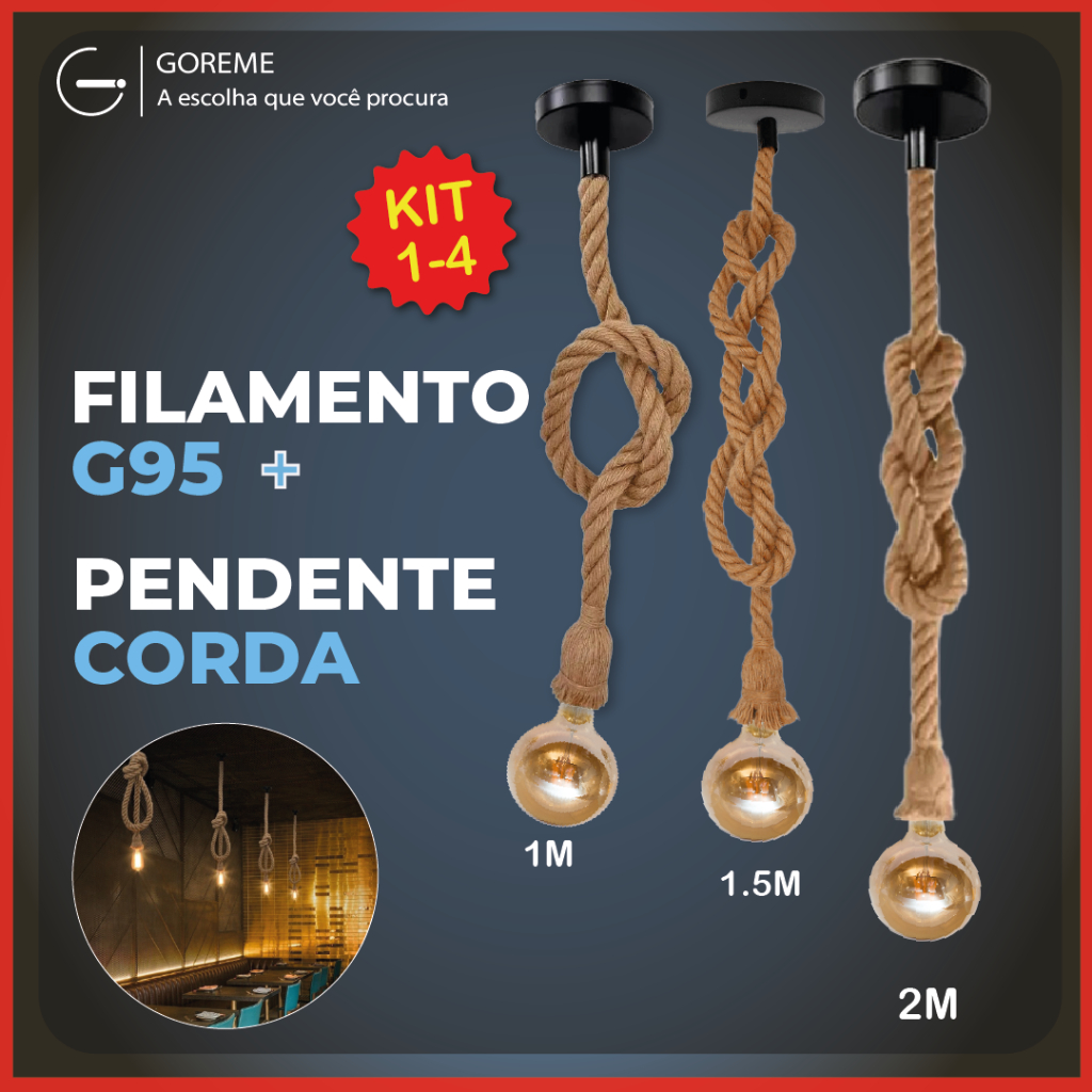 Pendente Corda 2M + Filamento Led G95 4W Retro Vintage Rústico Sisal E27 Luz Quente Bivolt 110V-220V em Oferta na Shopee