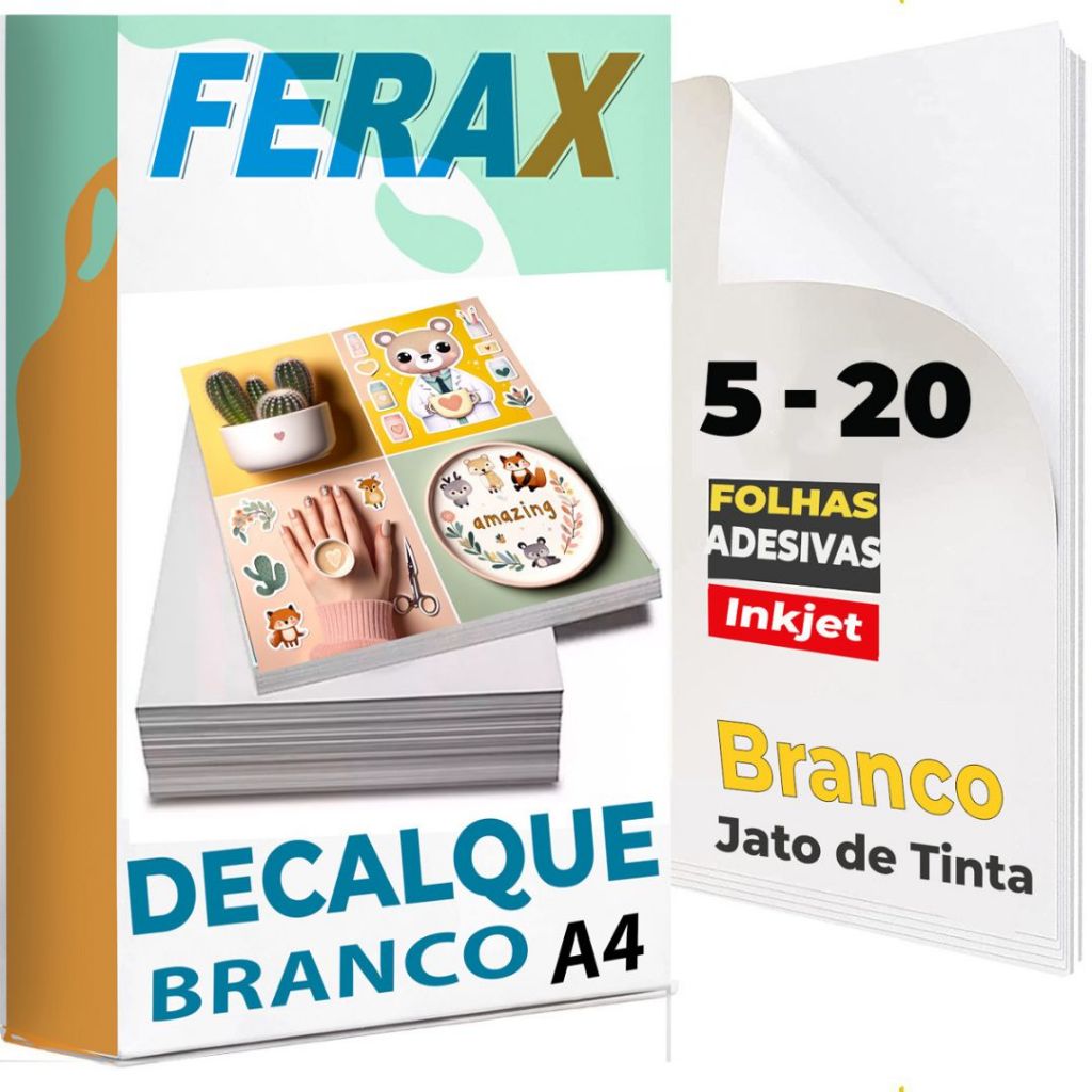 Decalque Branco Gomado Transfer Ferax - Folhas papel decalque A4 Impressora Jato de Tinta