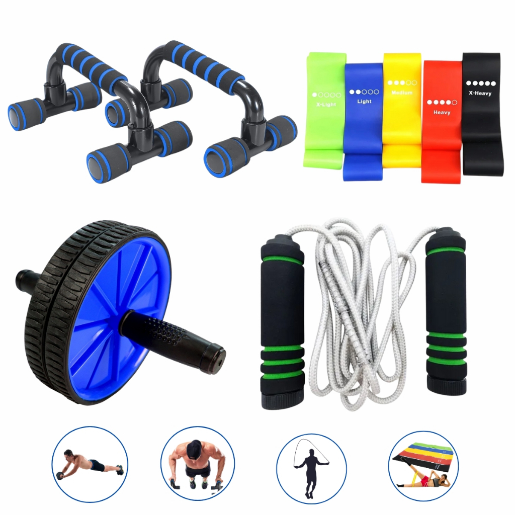 Kit Ginastica Faixa Elástica + Barra Chão flexão + Corda + Roda Abdominal Exercício Casa