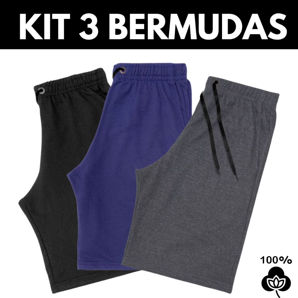 Kit 3 Bermudas Moletom Academia Treino Masculinas Algodão 2 Bolsos Algodão 100% Confortável