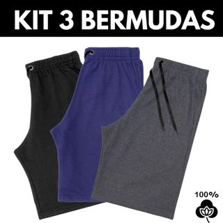 Kit 3 Bermudas Moletom Academia Treino Masculinas Algodão 2 Bolsos Algodão 100% Confortável