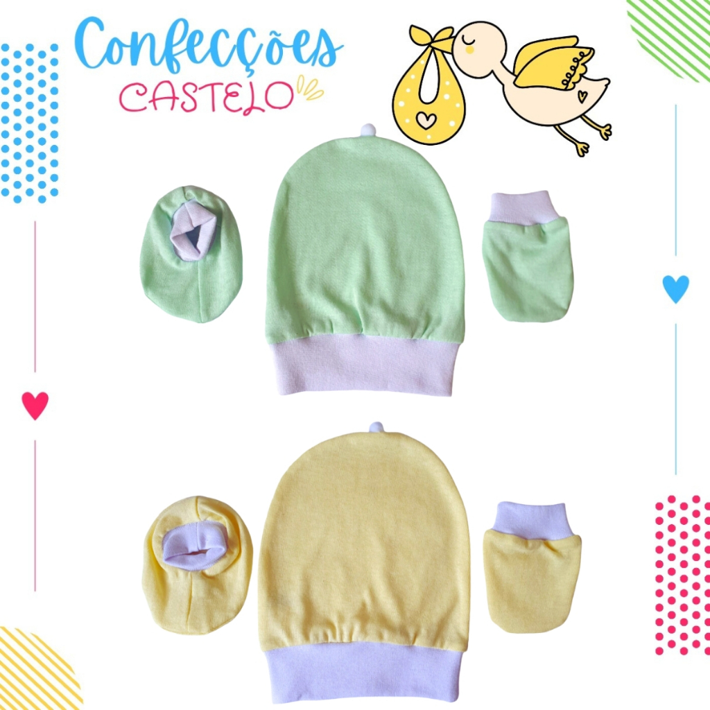 2 Kit Bebê Recem Nascido com Gorro, Luva e Pantufa de malha 100% algodão