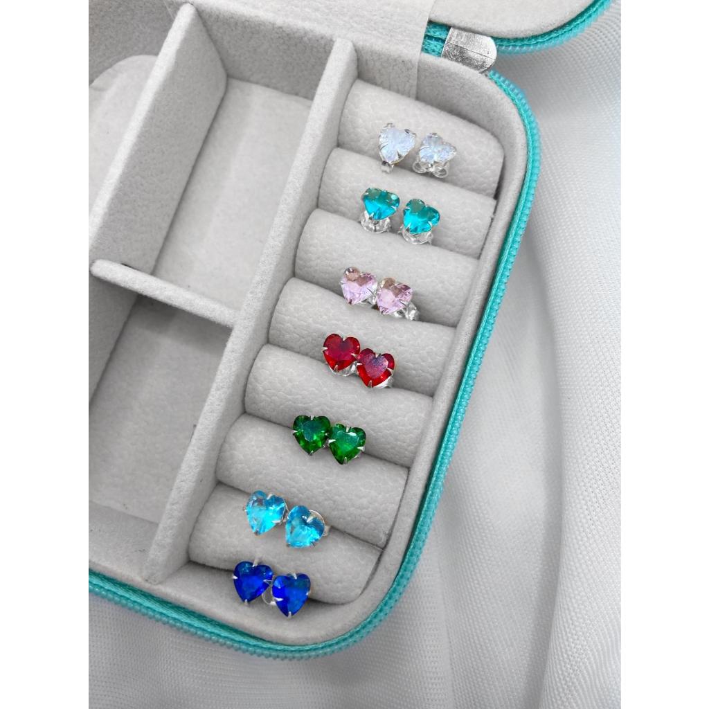 Brinco de prata 925 coração  5mm zircônia colorido Aqua Joias em Oferta na Shopee