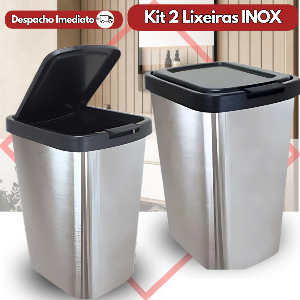 Kit 2 Lixeira Cesto 09 Litros Inox Com Tampa Click Label  Lixeira Escritório Lixeira Banheiro em Oferta na Shopee