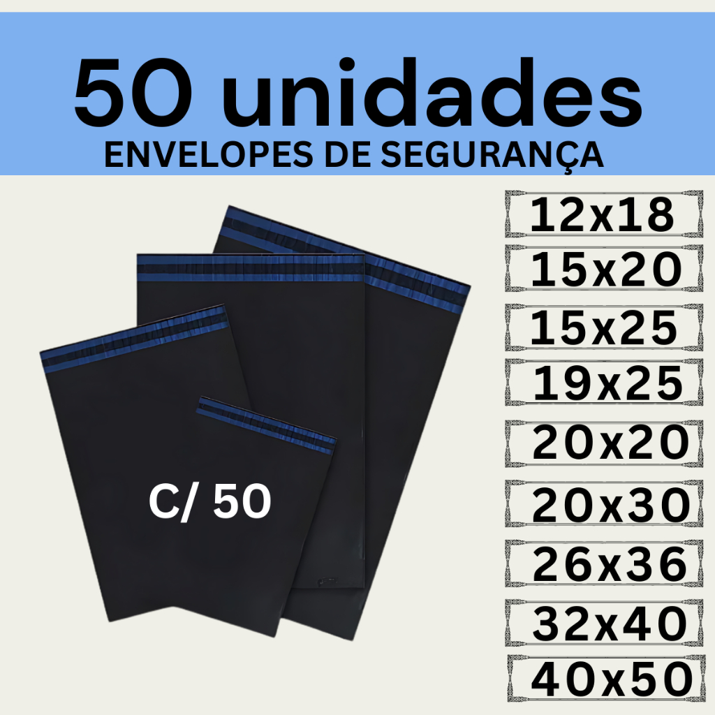 Kit 50 Envelopes Segurança Embalagem De Envio 12x18 13x25 15x20 15x25 19x25 20x20 20x30 20x50 26x36 32x40 40x50 50x60 em Oferta na Shopee